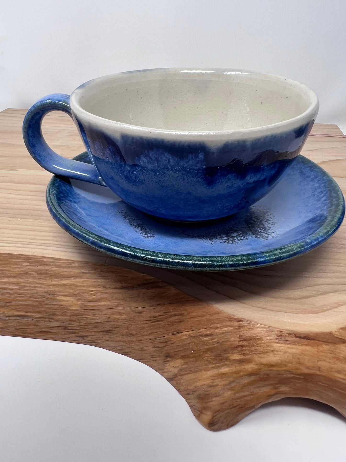Blue Glaze Stoneware Cup and Saucer