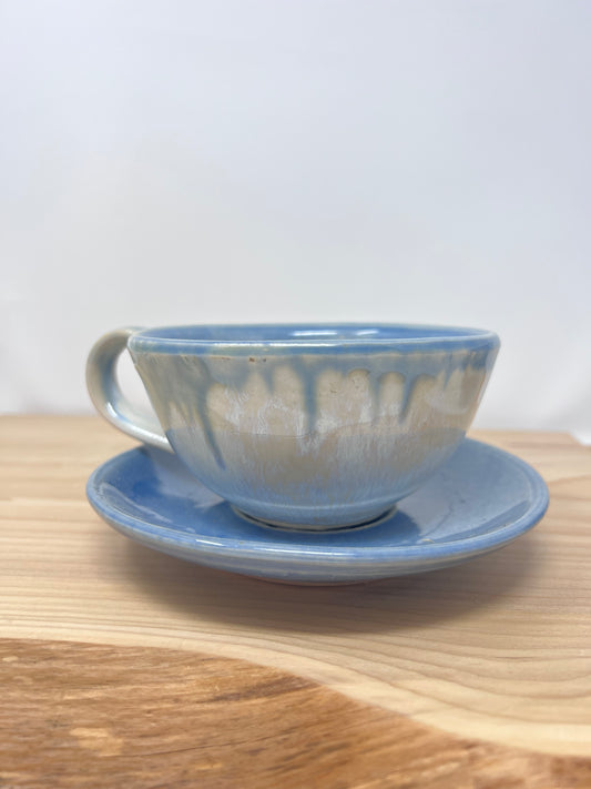 Blue Dipped Rim Stoneware Cup & Saucer