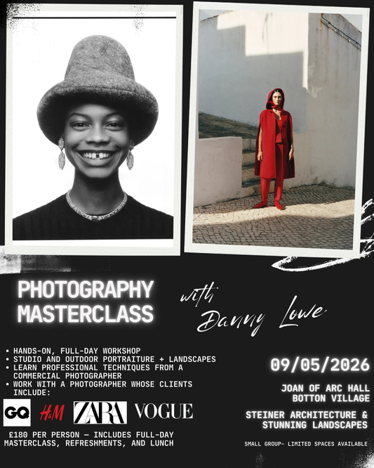 Advertisement for a photography masterclass with Danny Lowe featuring two photos of people and event details.