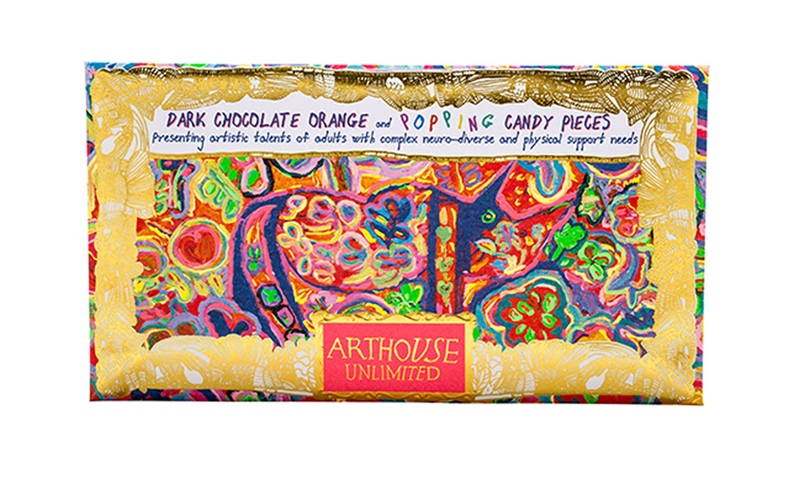ARTHOUSE Rhino in Bloom, Dark Chocolate with Orange and Popping Candy Pieces