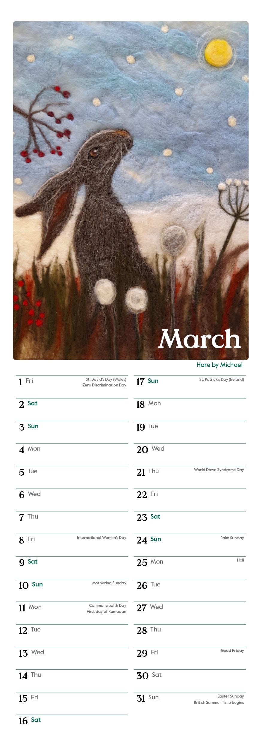 Great British Wildlife Felted 2024 Calendar