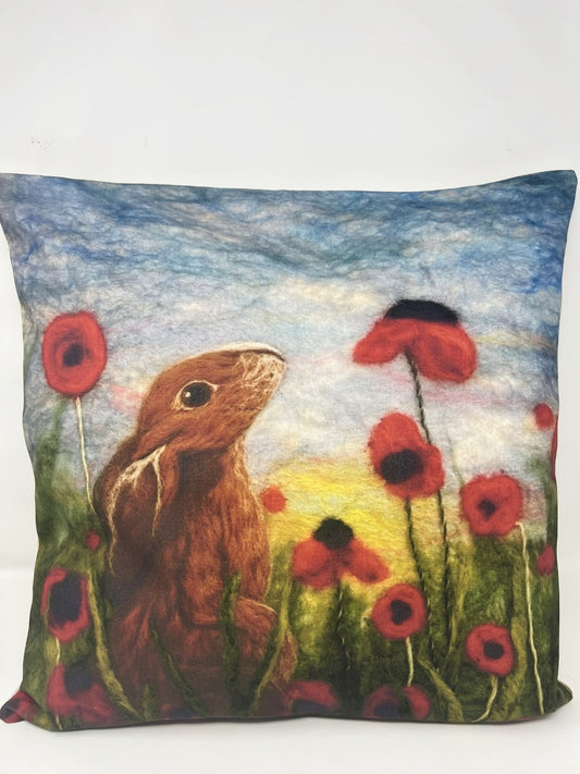 'Hare amongst the Poppies' Organic Cotton Cushion Cover